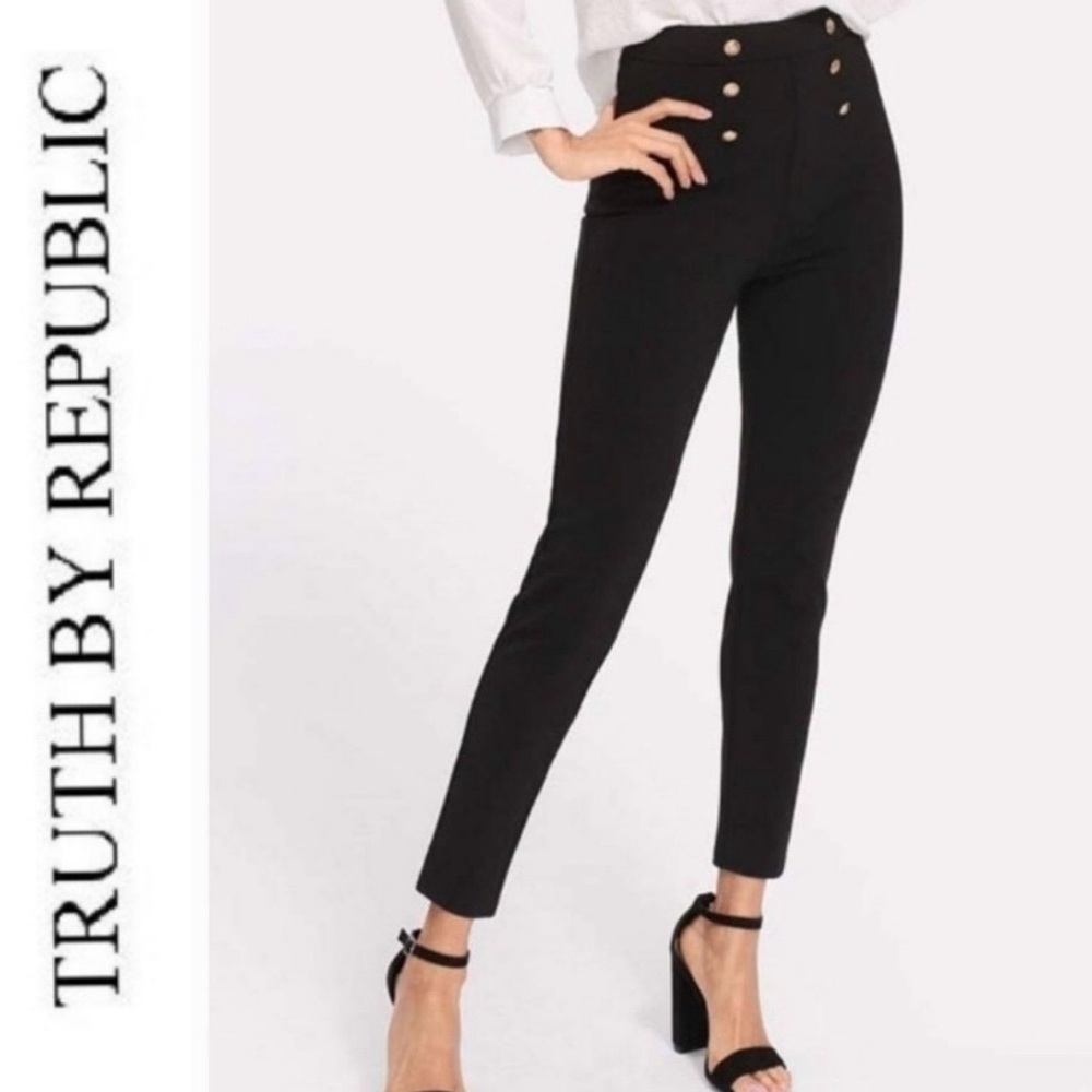 Truth by Republic Navy Blue Skinny Pants with Nautical Button Accents Size M
